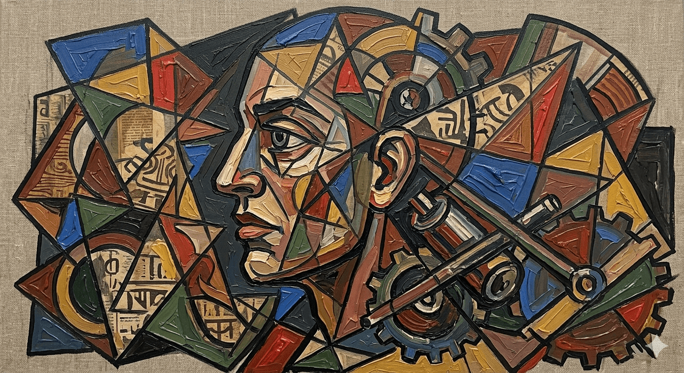 Cubist clockwork head art representing AI and human thought